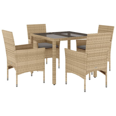 vidaXL 5-tlg. Garten-Essgruppe mit Kissen Beige Poly Rattan und Glas