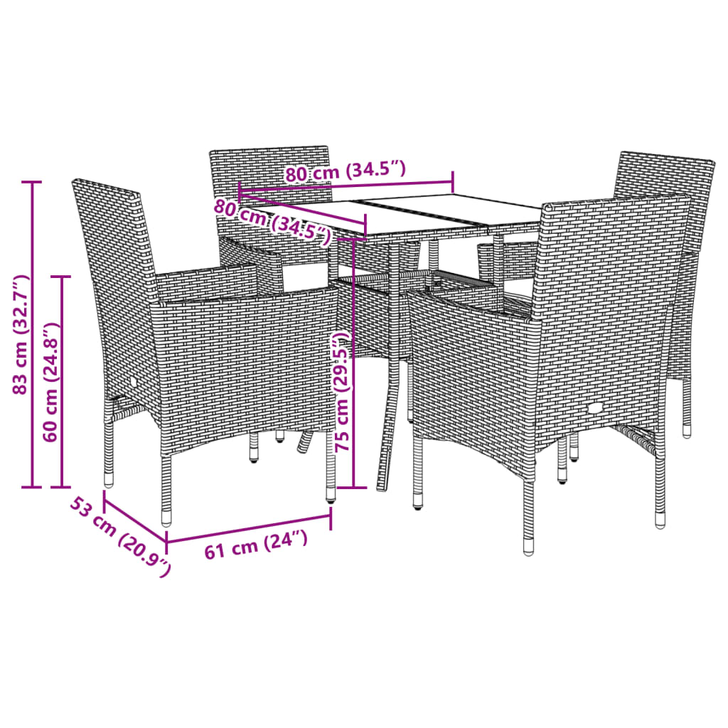 vidaXL 5-tlg. Garten-Essgruppe mit Kissen Beige Poly Rattan und Glas