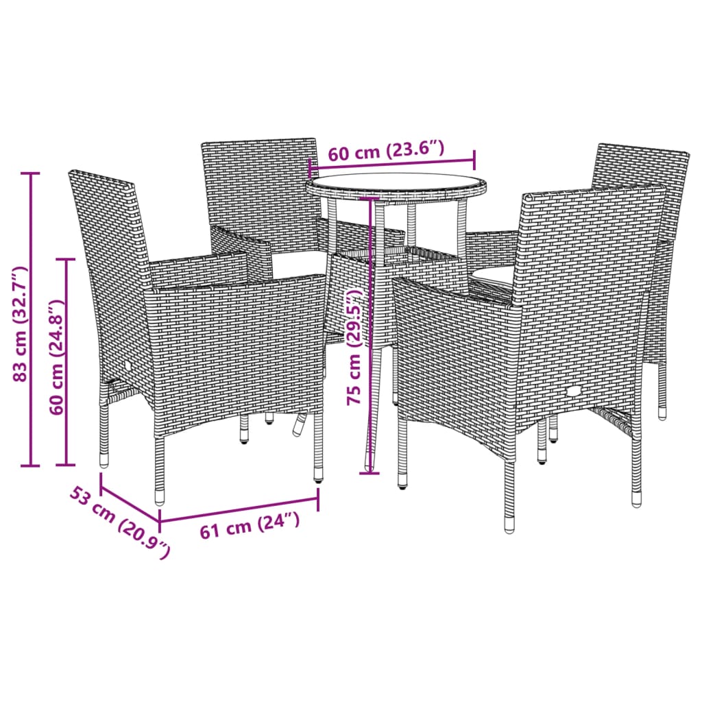vidaXL 5-tlg. Garten-Essgruppe mit Kissen Braun Poly Rattan Glas