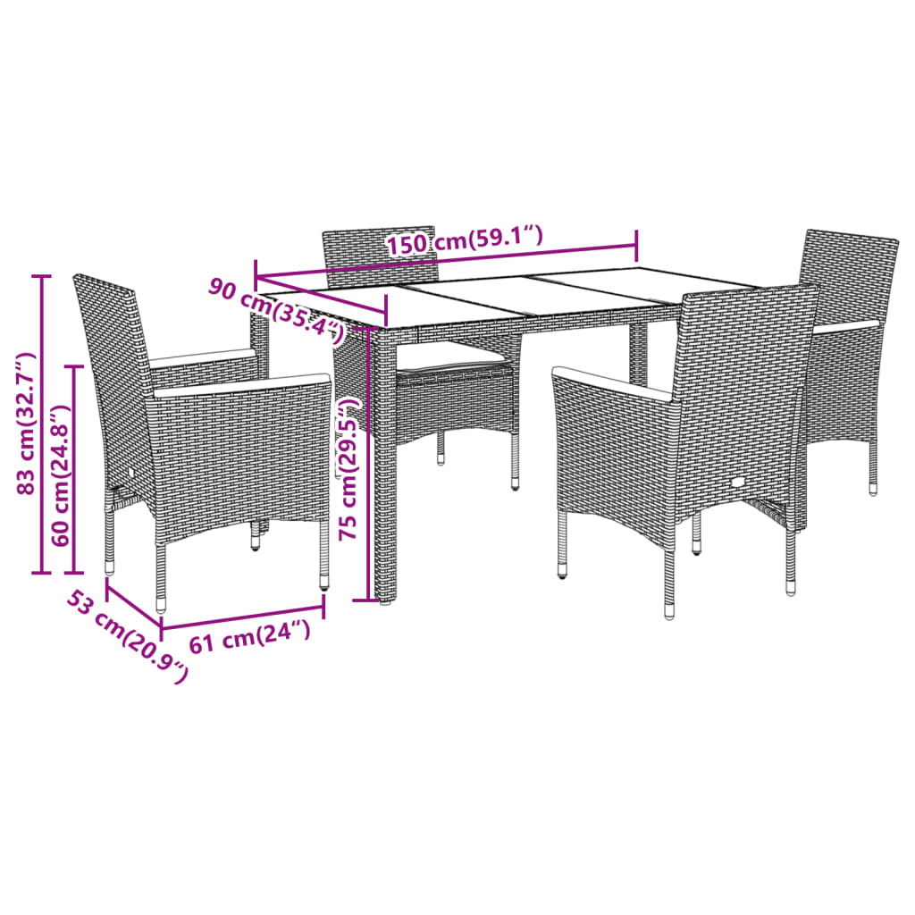 vidaXL 5-tlg. Garten-Essgruppe mit Kissen Schwarz Poly Rattan und Glas