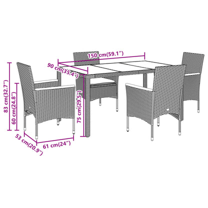 vidaXL 5-tlg. Garten-Essgruppe mit Kissen Schwarz Poly Rattan und Glas