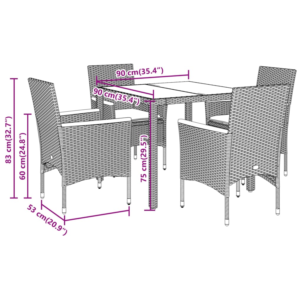 vidaXL 5-tlg. Garten-Essgruppe mit Kissen Grau Poly Rattan und Glas