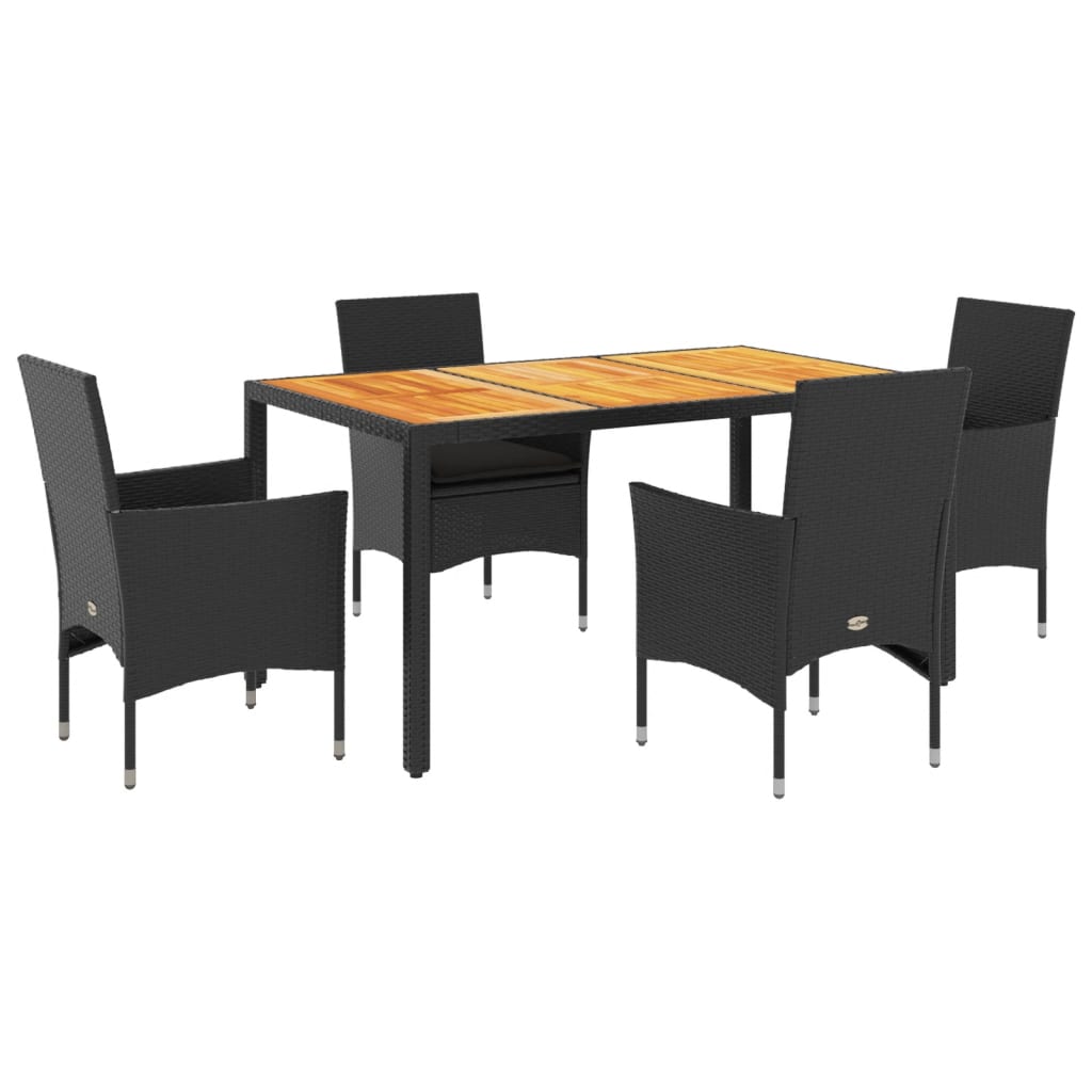 vidaXL 5-tlg. Garten-Essgruppe mit Kissen Schwarz Poly Rattan Akazie