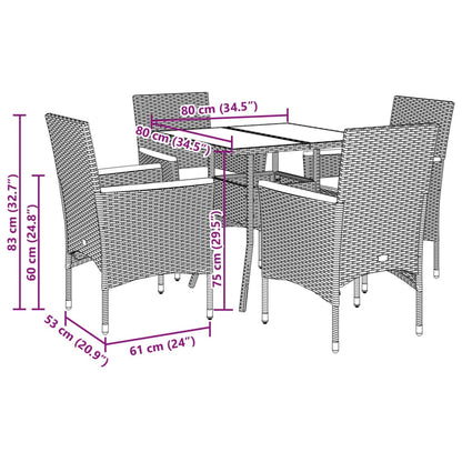 vidaXL 5-tlg. Garten-Essgruppe mit Kissen Grau Poly Rattan und Glas