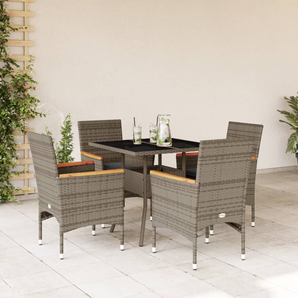 vidaXL 5-tlg. Garten-Essgruppe mit Kissen Grau Poly Rattan und Glas