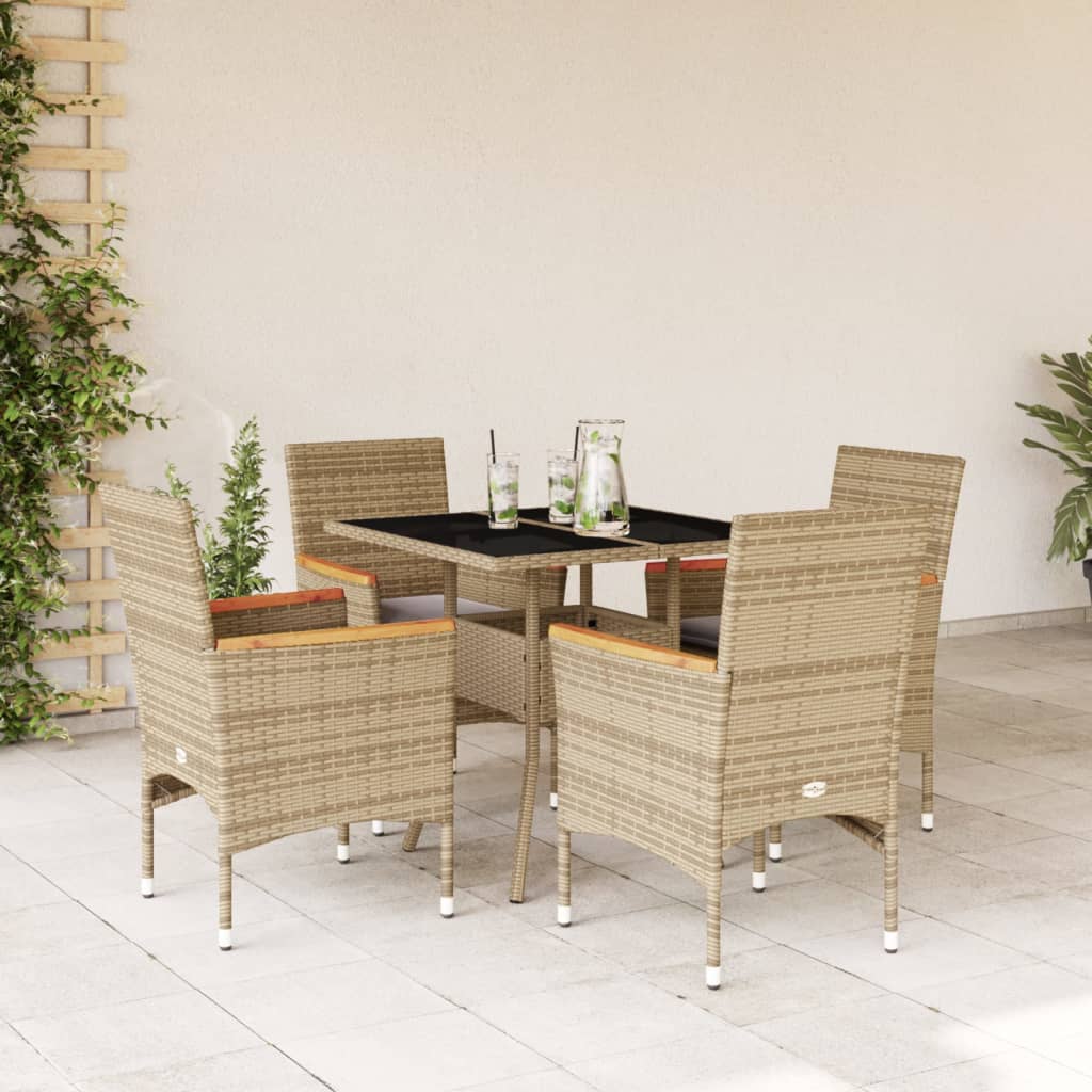 vidaXL 5-tlg. Garten-Essgruppe mit Kissen Beige Poly Rattan und Glas