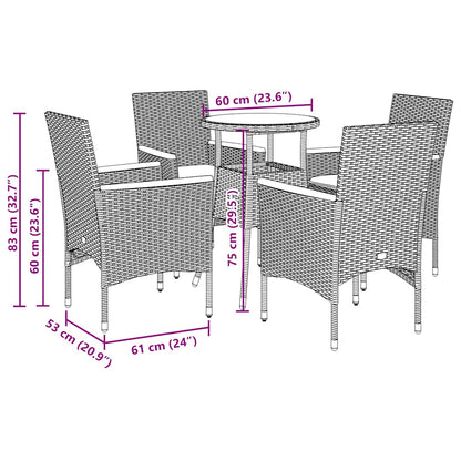 vidaXL 5-tlg. Garten-Essgruppe mit Kissen Schwarz Poly Rattan und Glas