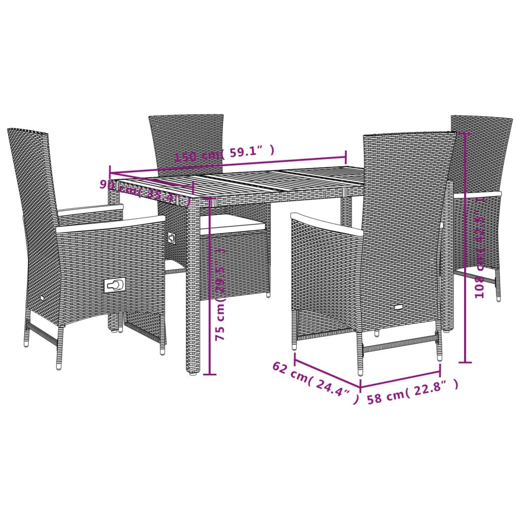 vidaXL 5-tlg. Garten-Essgruppe mit Kissen Schwarz Poly Rattan
