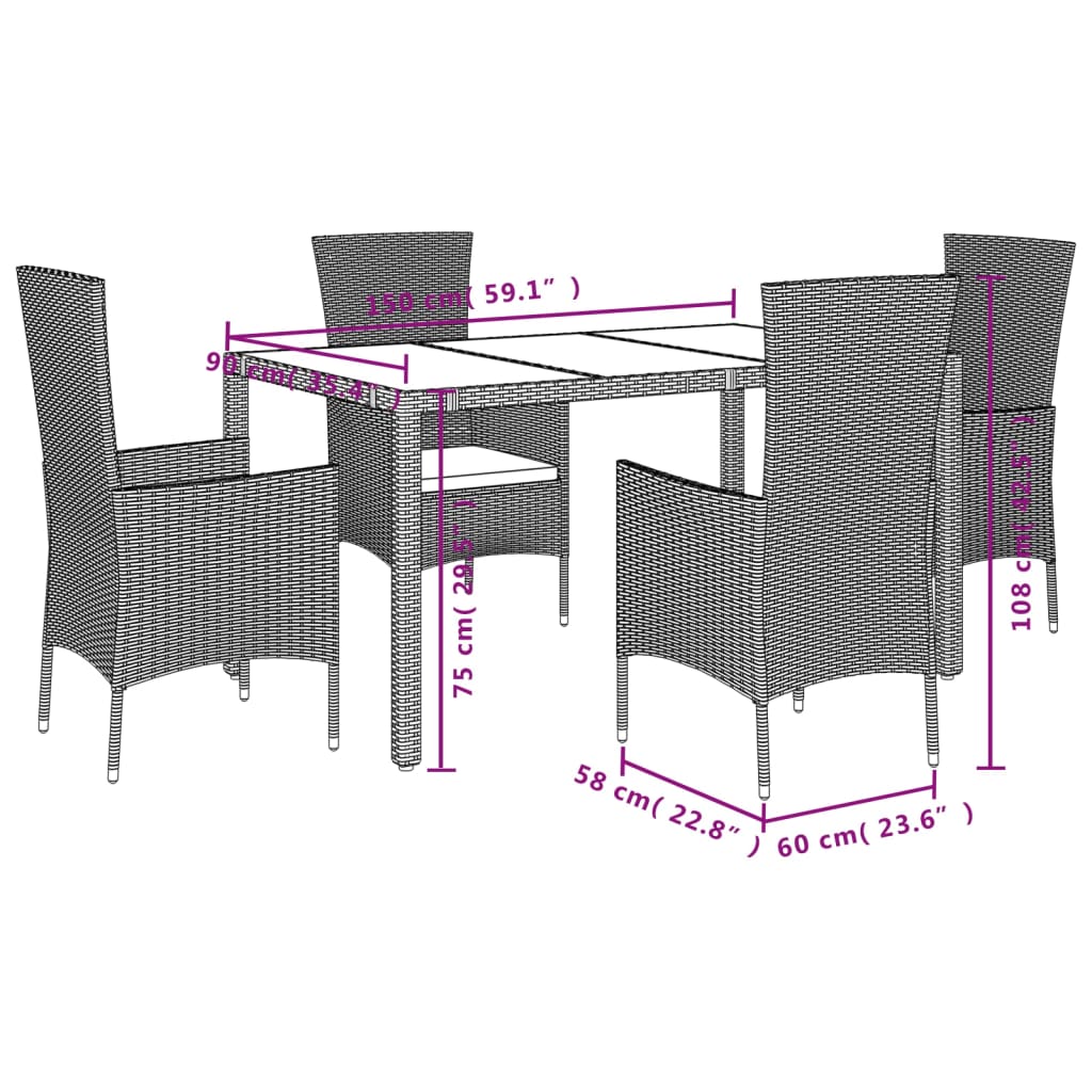 vidaXL 5-tlg. Garten-Essgruppe mit Kissen Beige Poly Rattan