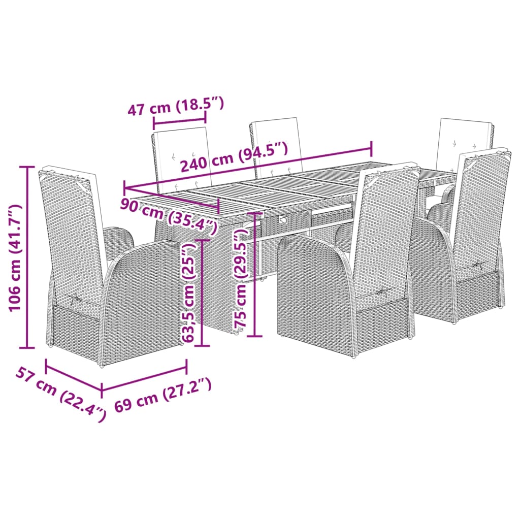 vidaXL 7-tlg. Garten-Essgruppe mit Kissen Grau Poly Rattan