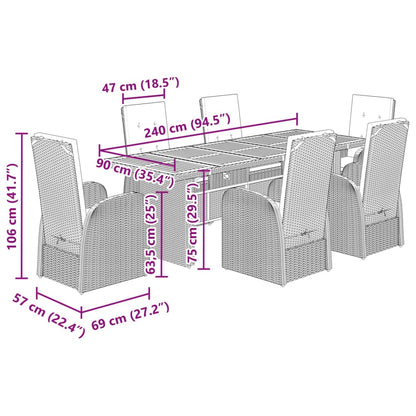 vidaXL 7-tlg. Garten-Essgruppe mit Kissen Grau Poly Rattan
