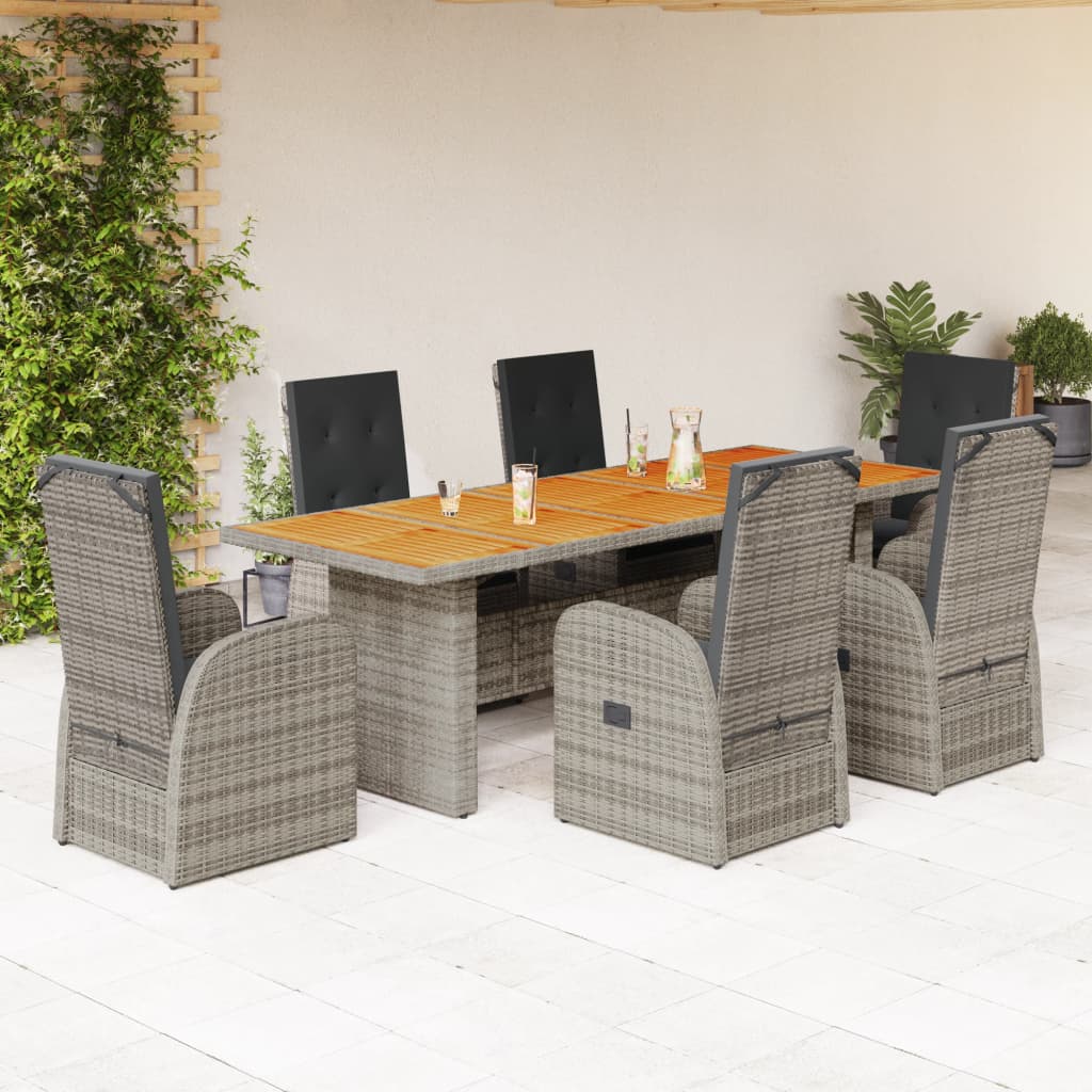 vidaXL 7-tlg. Garten-Essgruppe mit Kissen Grau Poly Rattan