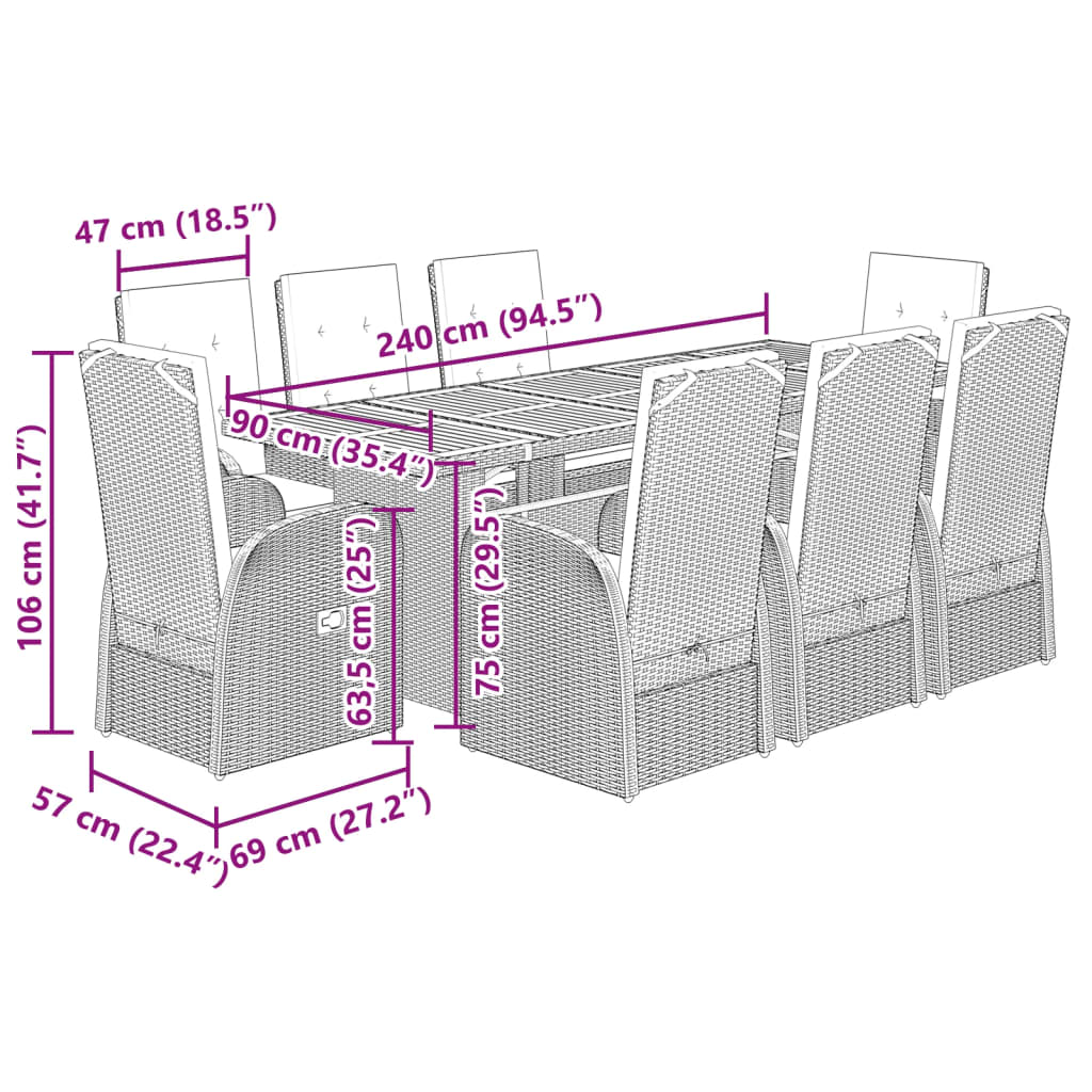 vidaXL 9-tlg. Garten-Essgruppe mit Kissen Grau Poly Rattan