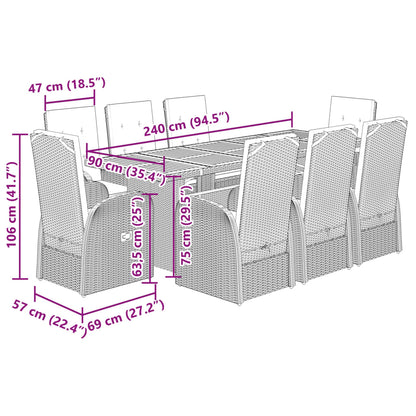 vidaXL 9-tlg. Garten-Essgruppe mit Kissen Grau Poly Rattan