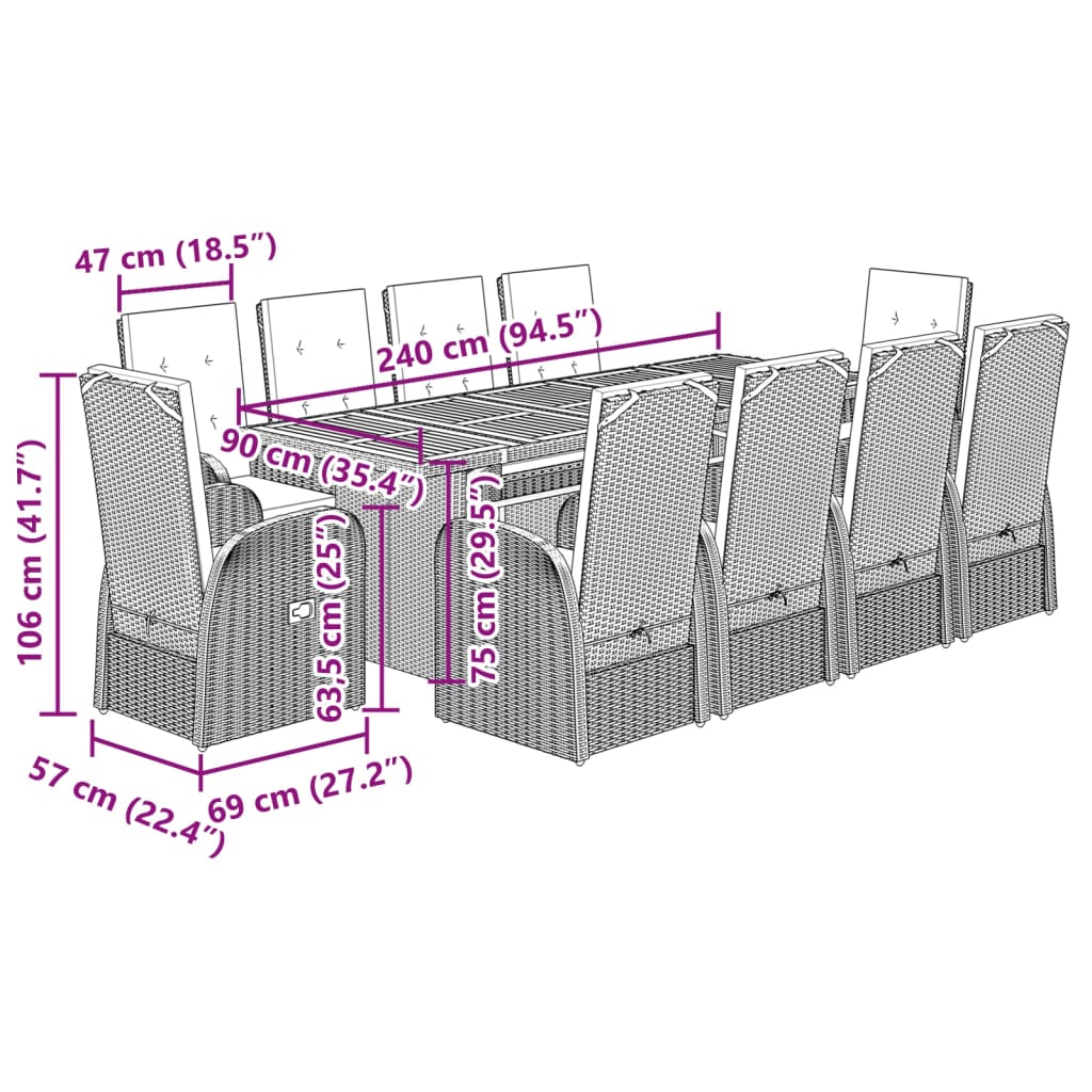 vidaXL 11-tlg. Garten-Essgruppe mit Kissen Grau Poly Rattan