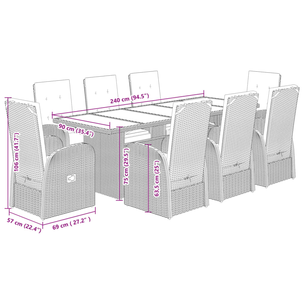 vidaXL 9-tlg. Garten-Essgruppe mit Kissen Grau Poly Rattan