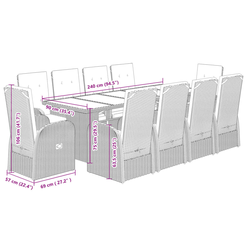 vidaXL 11-tlg. Garten-Essgruppe mit Kissen Grau Poly Rattan