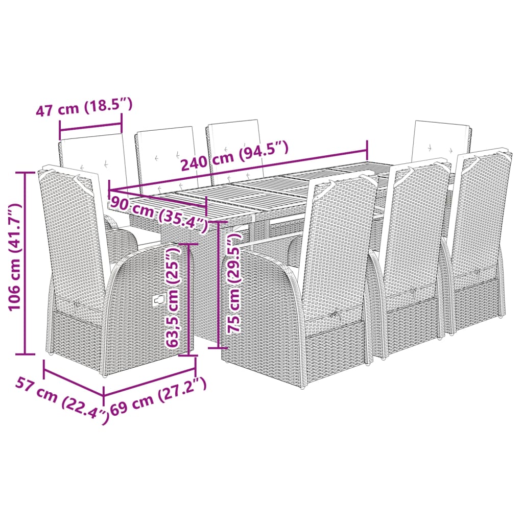vidaXL 9-tlg. Garten-Essgruppe mit Kissen Grau Poly Rattan