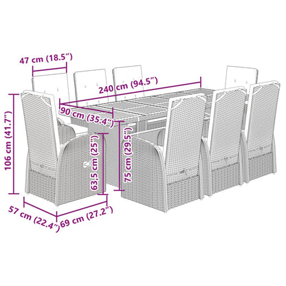 vidaXL 9-tlg. Garten-Essgruppe mit Kissen Grau Poly Rattan