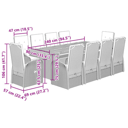 vidaXL 11-tlg. Garten-Essgruppe mit Kissen Grau Poly Rattan