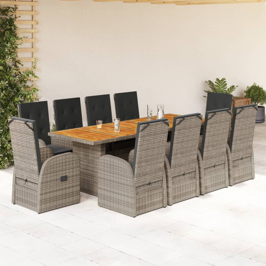 vidaXL 11-tlg. Garten-Essgruppe mit Kissen Grau Poly Rattan