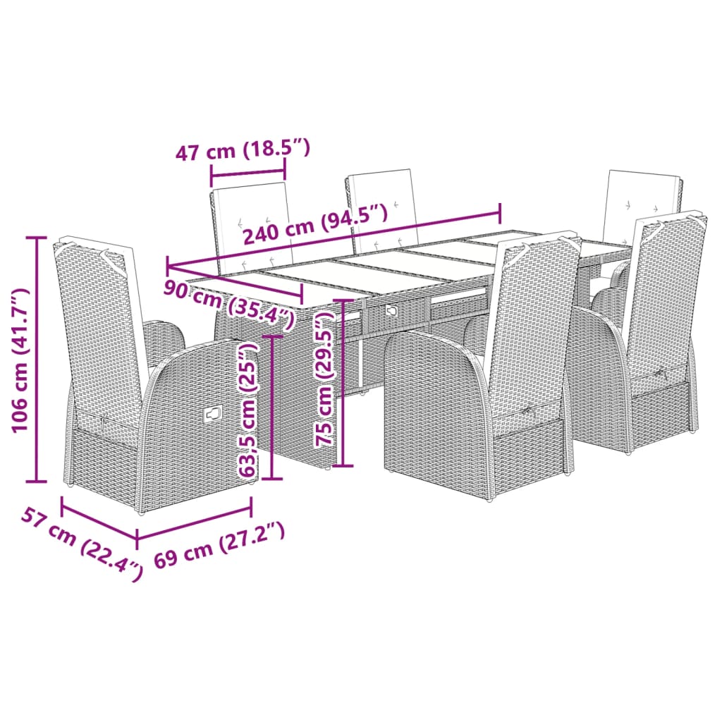 vidaXL 7-tlg. Garten-Essgruppe mit Kissen Grau Poly Rattan