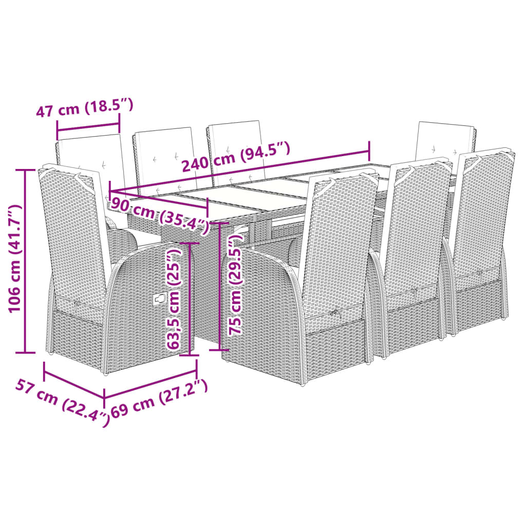 vidaXL Salle à manger de jardin 9 pcs avec coussins Résine tressée Gris
