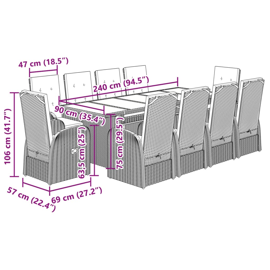 vidaXL 11-tlg. Garten-Essgruppe mit Kissen Grau Poly Rattan
