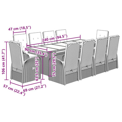 vidaXL 11-tlg. Garten-Essgruppe mit Kissen Grau Poly Rattan