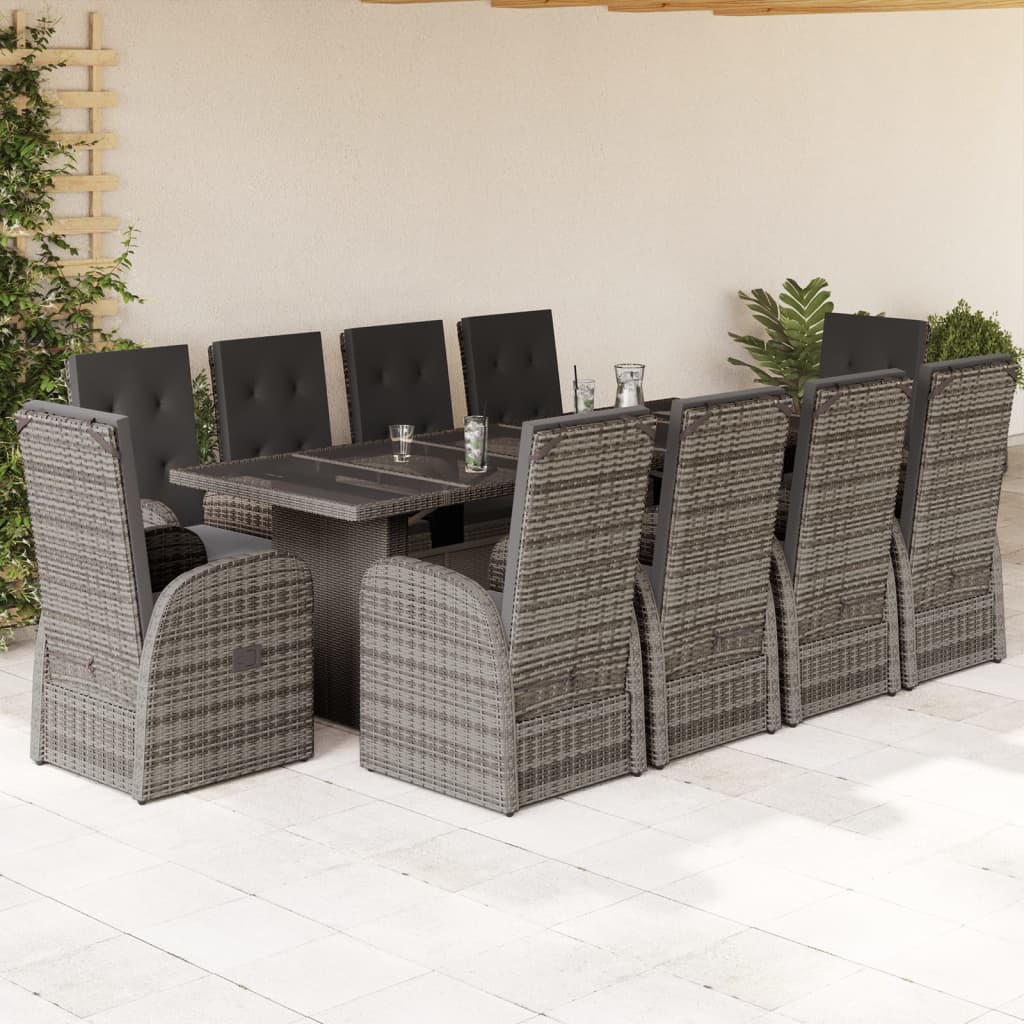 vidaXL 11-tlg. Garten-Essgruppe mit Kissen Grau Poly Rattan