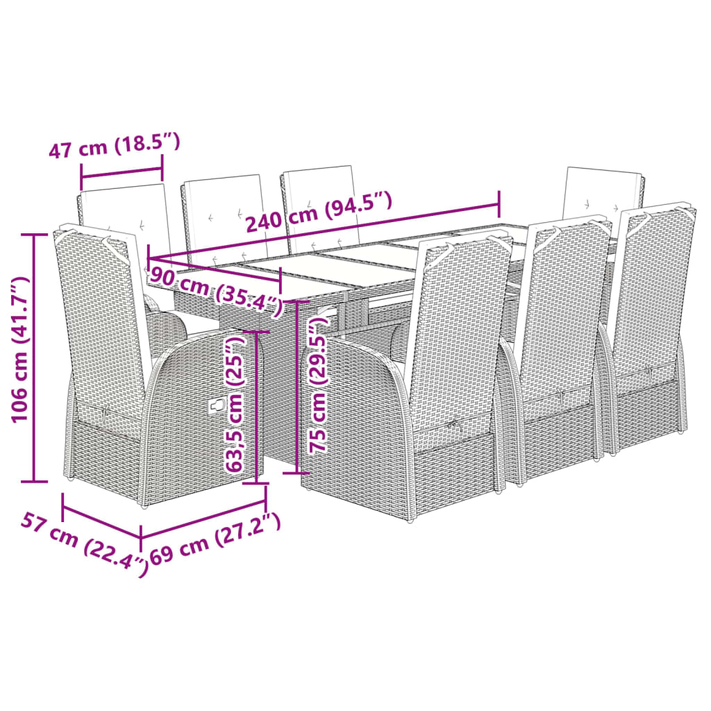 vidaXL 9-tlg. Garten-Essgruppe mit Kissen Grau Poly Rattan