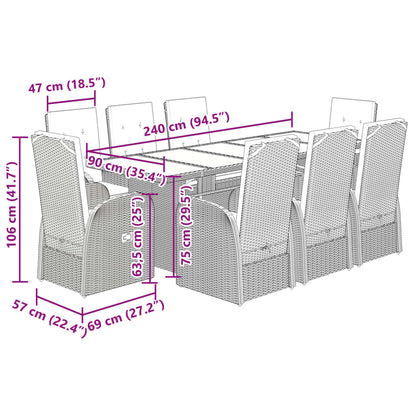 vidaXL 9-tlg. Garten-Essgruppe mit Kissen Grau Poly Rattan