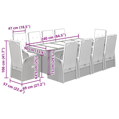 vidaXL 11-tlg. Garten-Essgruppe mit Kissen Grau Poly Rattan