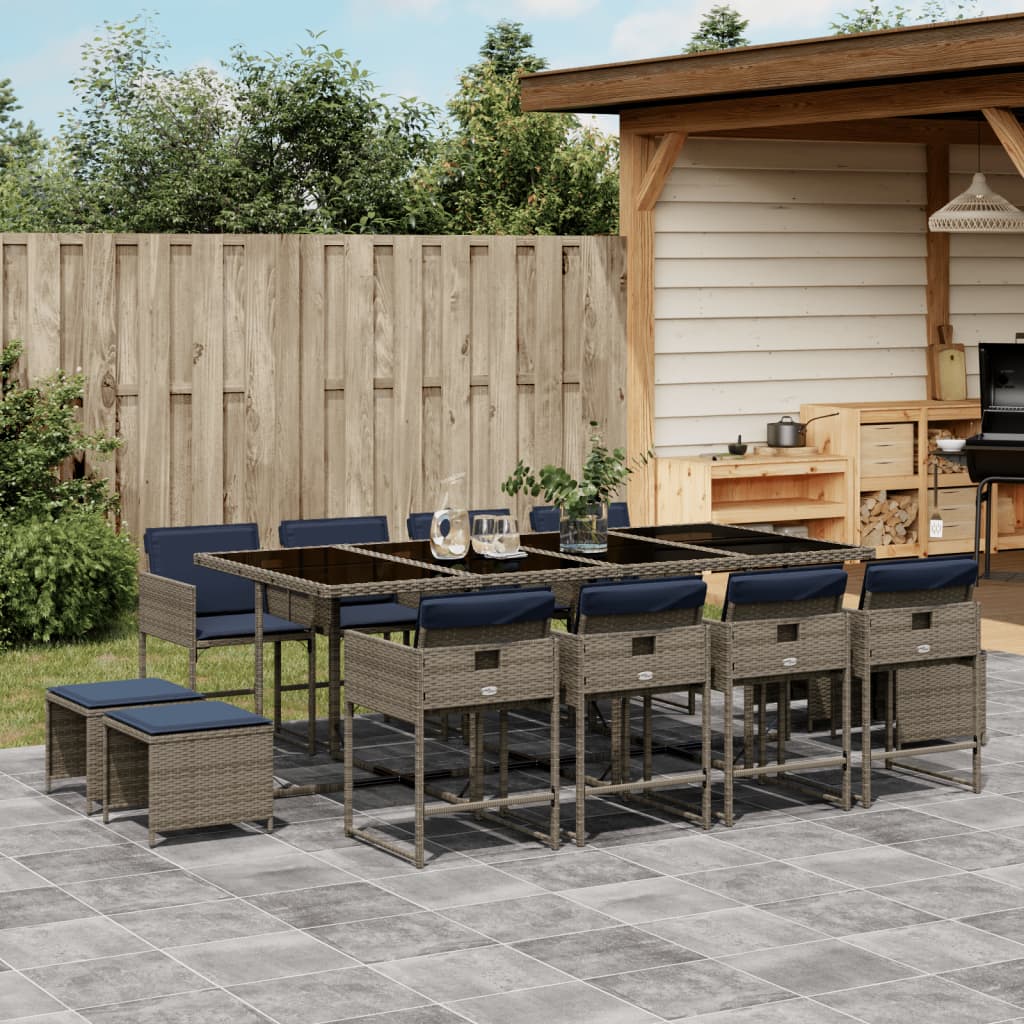 13-teiliges Garten-Ess-Set mit Kissen, grau, Polyrattan