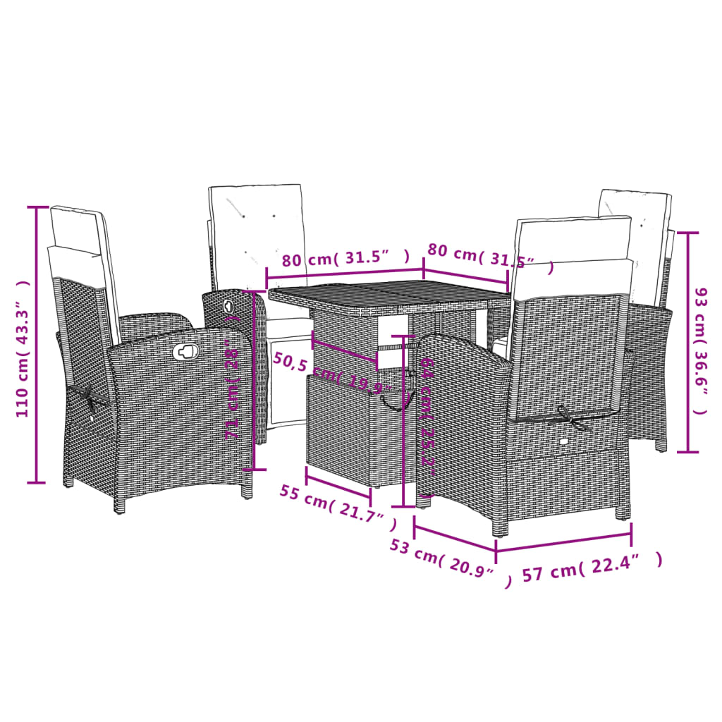 vidaXL 5-tlg. Garten-Essgruppe mit Kissen Schwarz Poly Rattan