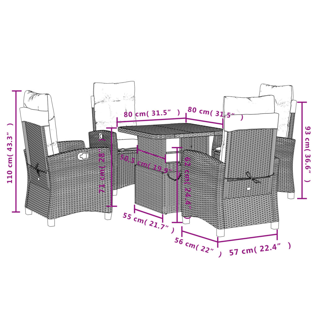 vidaXL 5-tlg. Garten-Essgruppe mit Kissen Grau Poly Rattan