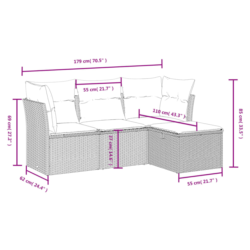 vidaXL 4-tlg. Garten-Sofagarnitur mit Kissen Schwarz Poly Rattan