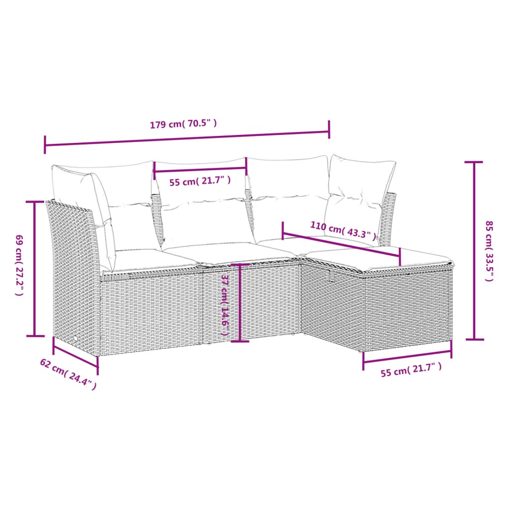 vidaXL 4-tlg. Garten-Sofagarnitur mit Kissen Beige Poly Rattan