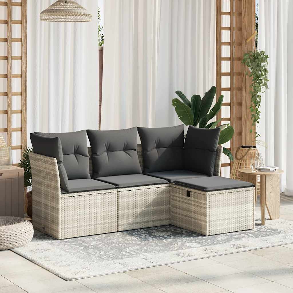 vidaXL 4-tlg. Garten-Sofagarnitur mit Kissen Hellgrau Poly Rattan