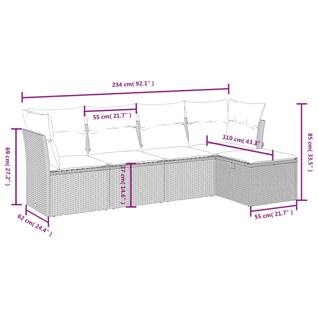 vidaXL 5-tlg. Garten-Sofagarnitur mit Kissen Beige Poly Rattan