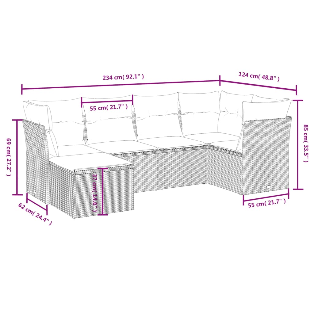 vidaXL 6-tlg. Garten-Sofagarnitur mit Kissen Beige Poly Rattan