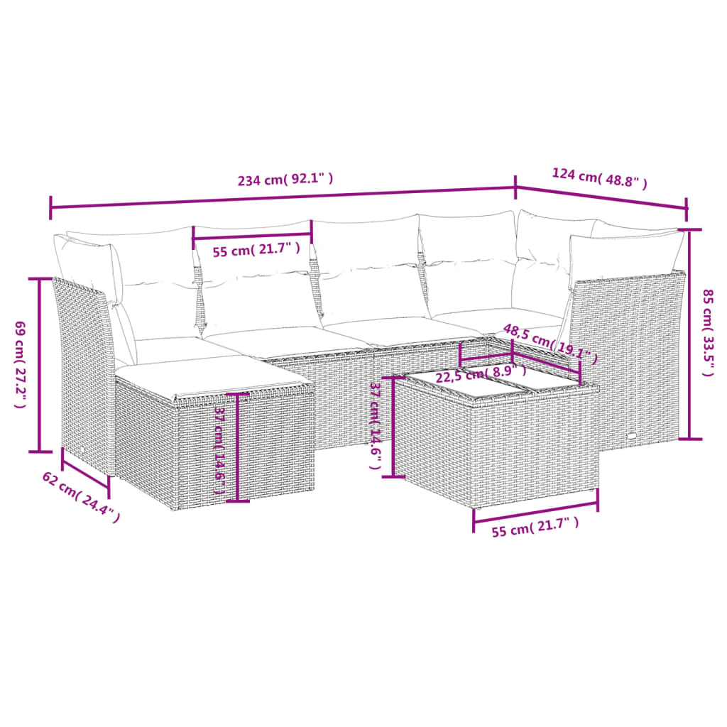 vidaXL 7-tlg. Garten-Sofagarnitur mit Kissen Schwarz Poly Rattan