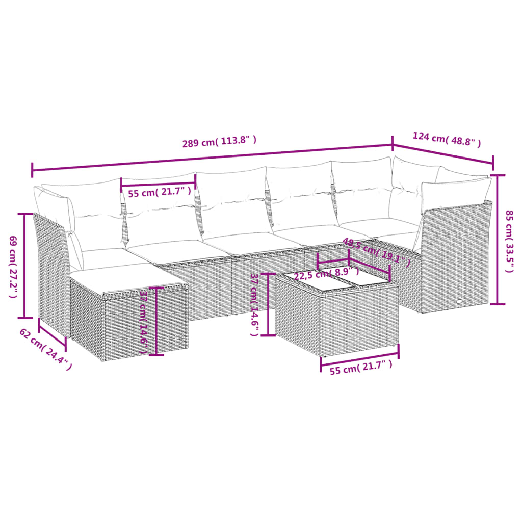 vidaXL 8-tlg. Garten-Sofagarnitur mit Kissen Beige Poly Rattan