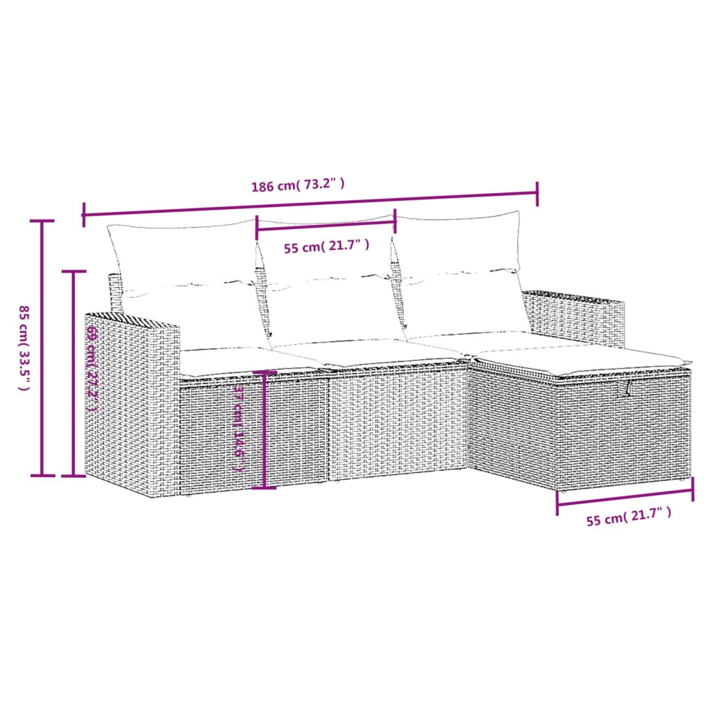 vidaXL 4-tlg. Garten-Sofagarnitur mit Kissen Schwarz Poly Rattan