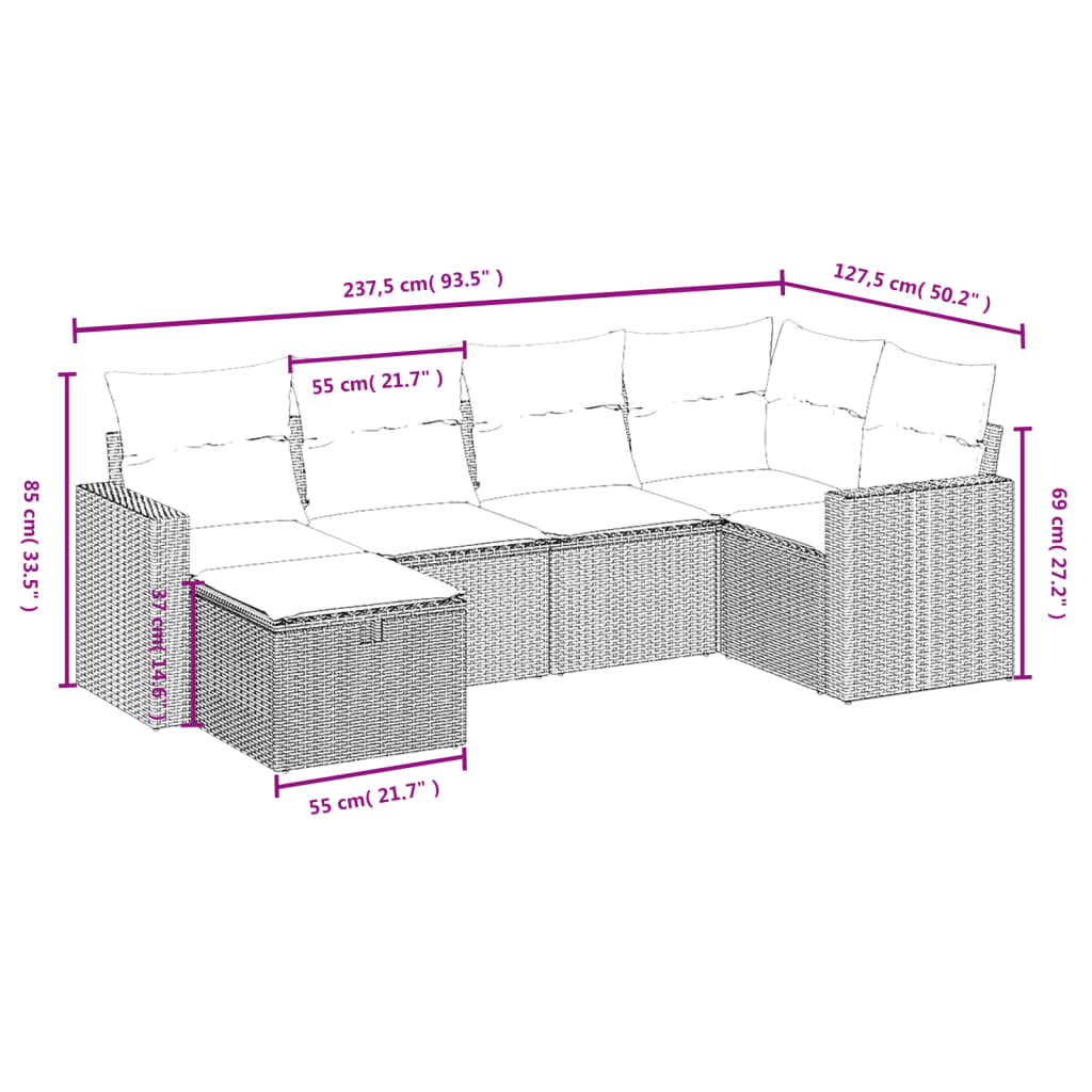 vidaXL 6-tlg. Garten-Sofagarnitur mit Kissen Beige Poly Rattan