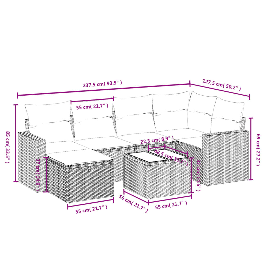 vidaXL 7-tlg. Garten-Sofagarnitur mit Kissen Schwarz Poly Rattan