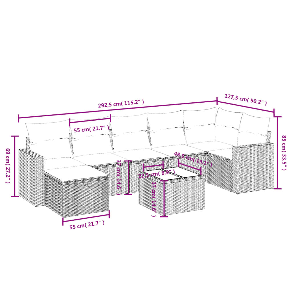 vidaXL 8-tlg. Garten-Sofagarnitur mit Kissen Grau Poly Rattan
