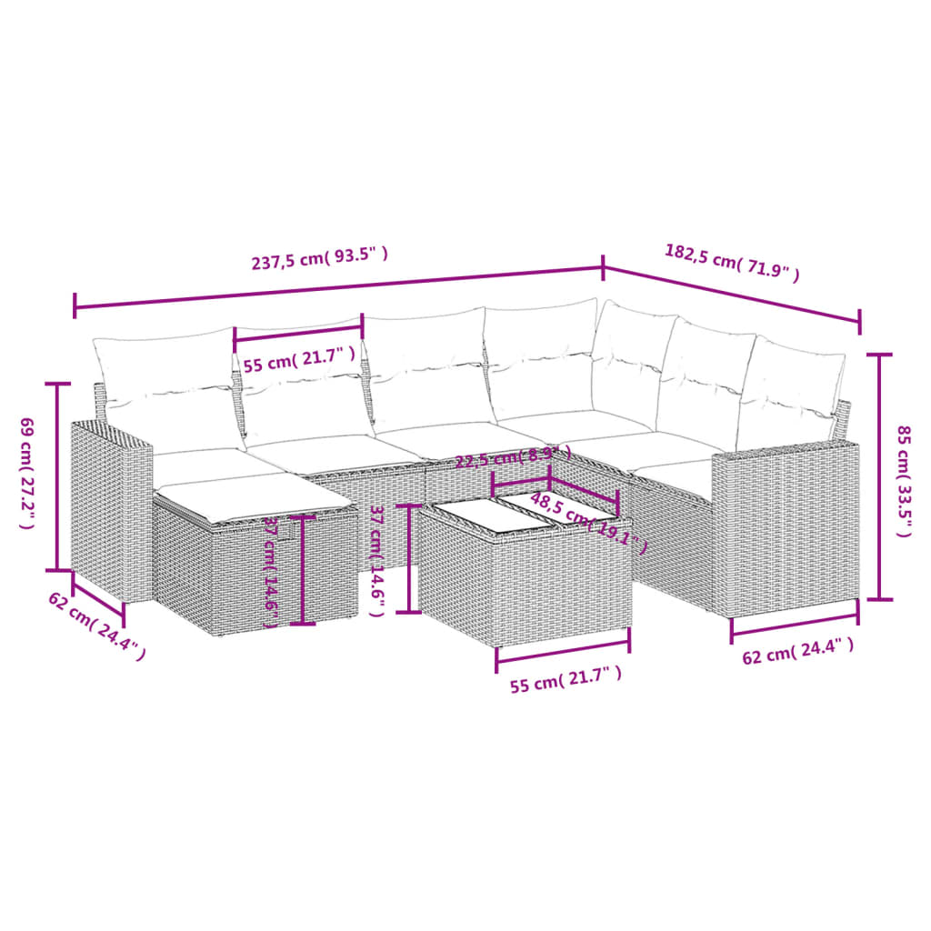vidaXL 8-tlg. Garten-Sofagarnitur mit Kissen Beige Poly Rattan