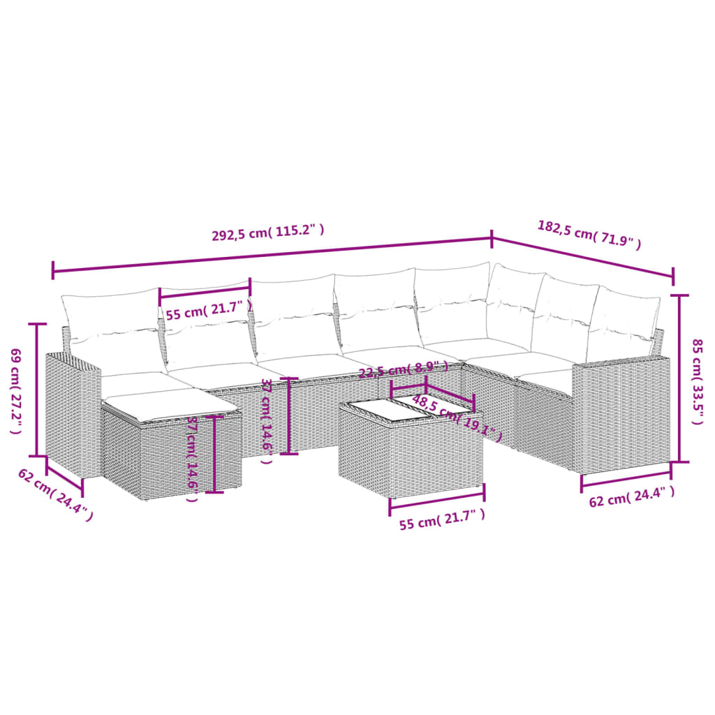 vidaXL 9-tlg. Garten-Sofagarnitur mit Kissen Grau Poly Rattan