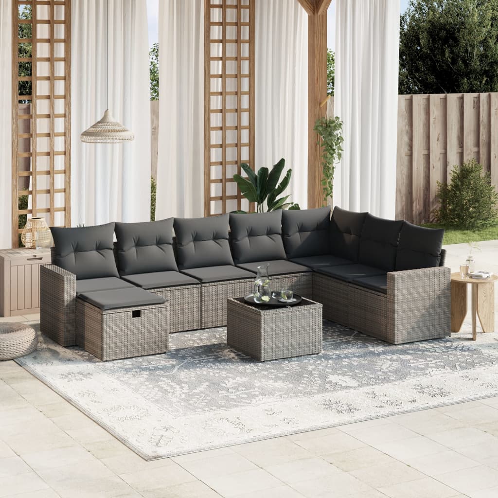 vidaXL 9-tlg. Garten-Sofagarnitur mit Kissen Grau Poly Rattan